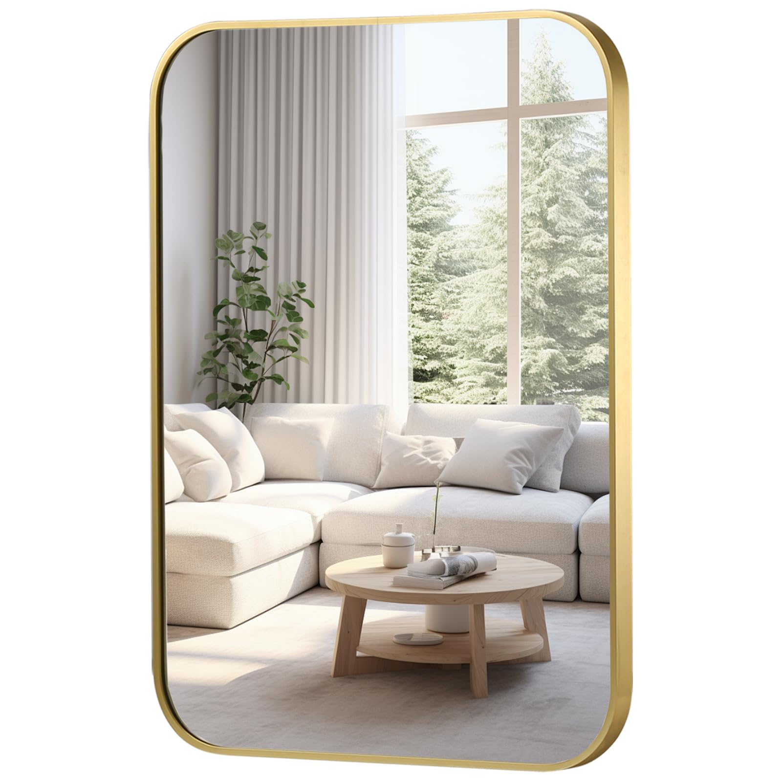 FARMER 24x36 Inch Gold Bathroom Mirror, Rectangle Vanity Mirror, Brushed Mirrors for Wall, Metal Frame Hanging Mirror with Round Corner for Bedrooms, Entryways, Living Rooms, Horizontal/Vertical