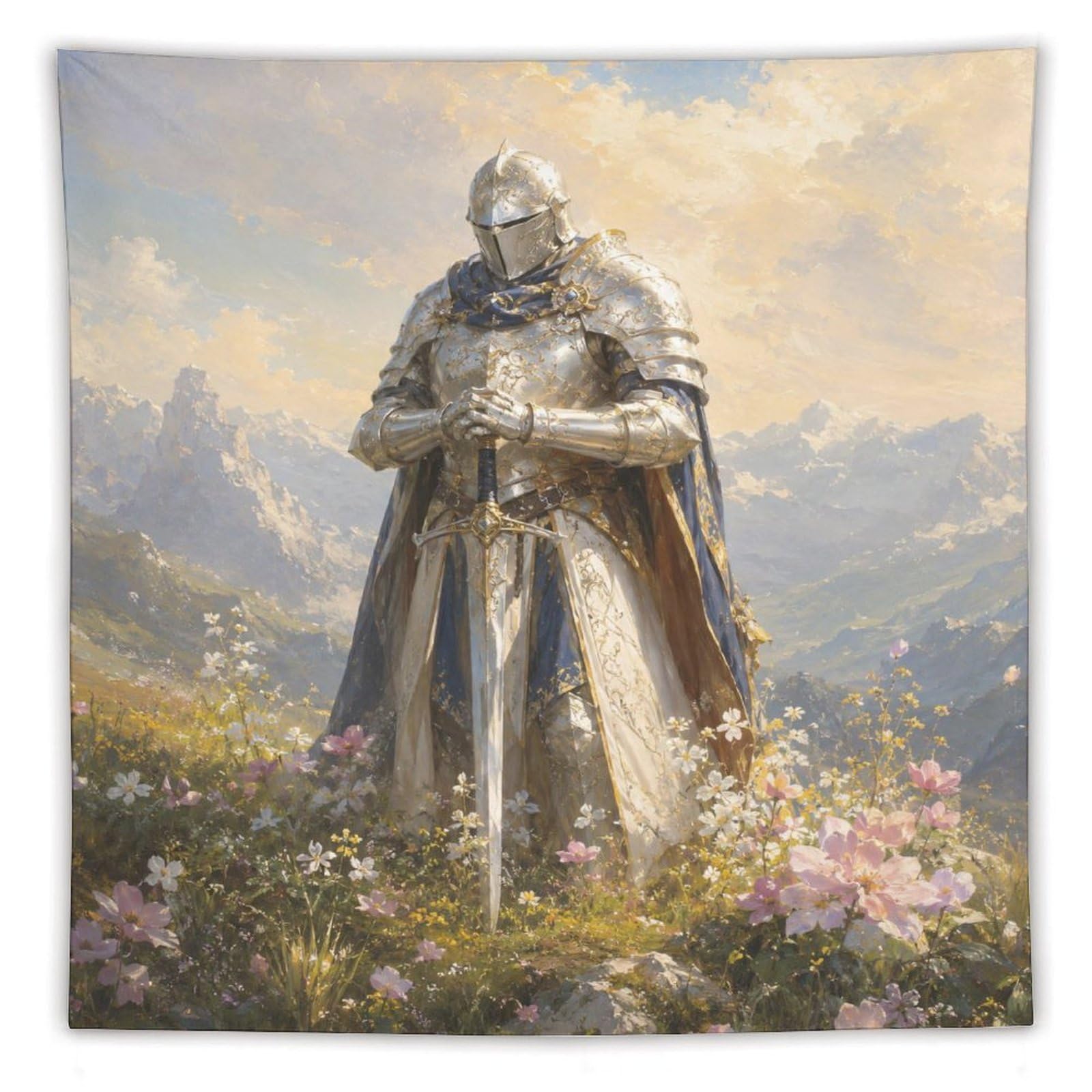 H3B8U2Y5 Medieval Knight Floral Mountain Wall Tapestry, Heroic Armor