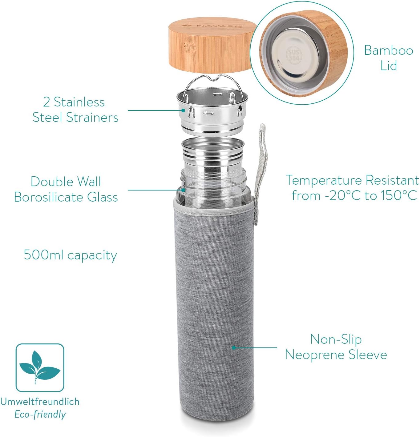 Navaris Glass Water Bottle with Tea Infuser - Double Walled Borosilicate Glass Travel Tumbler with Bamboo Lid and Non Slip Gray Neoprene Sleeve - 17oz - Image 4