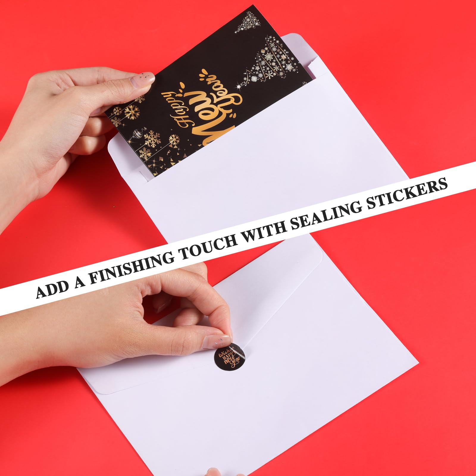 Resurhang 100 juegos de tarjetas de felicitación de Año Nuevo con sobres y calcomanías, papel de aluminio negro, tarjeta de notas en blanco para fiestas familiares, regalos de vacaciones, suministros
