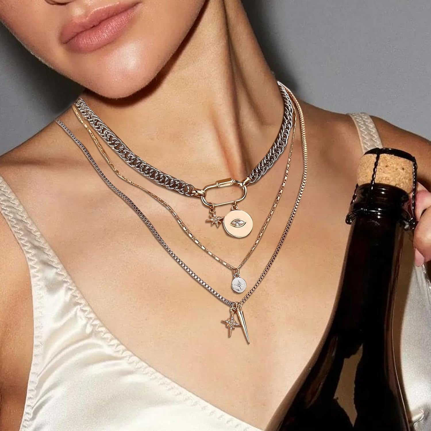 QCWN Gold Layered stacked Necklaces for women 3PS Chunky Statement Necklaces Stack Mixed Metal Charm Necklace for Women Trendy Coin Jewelry Gift for Her Gifts - Image 5