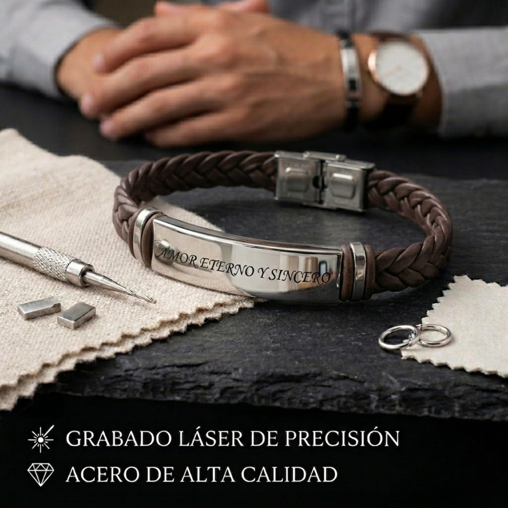 Pulsera Piel Trenzada Personalizable Hombre-Grabado Personalizado Nombre Fecha-Ajustable Cierre Seguro Acero Inoxidable-Diseño Elegante Regalo Original Pareja Amistad Cumpleaños Navidad
