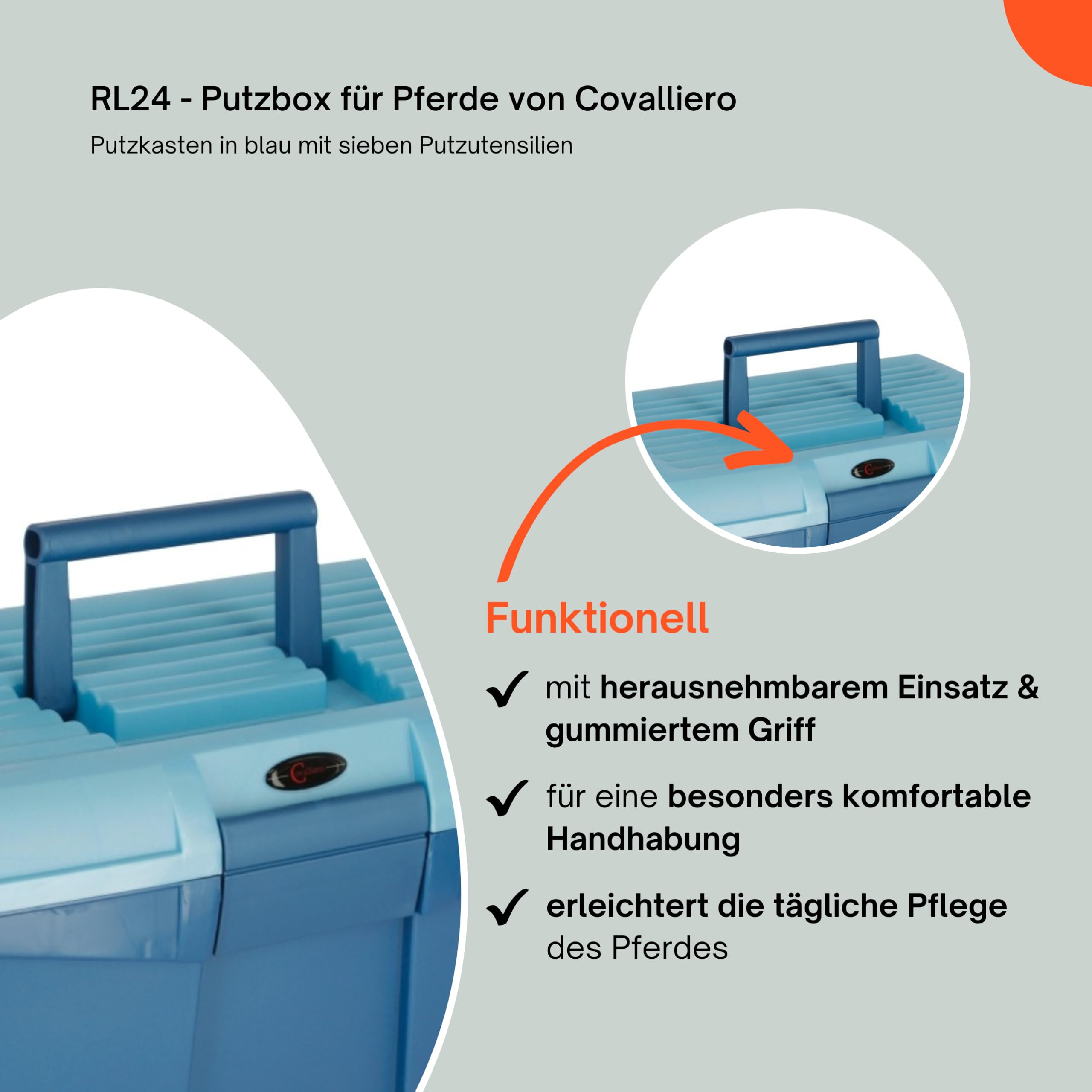 RL24 - Putzbox für Pferde von Covalliero | Putzkasten mit Hufreiniger, Mähnenkamm, Striegel, Schwamm, Kardätsche & Pferdebürste | Putzkoffer für Pferde | Pferdepflege Set 7-teilig