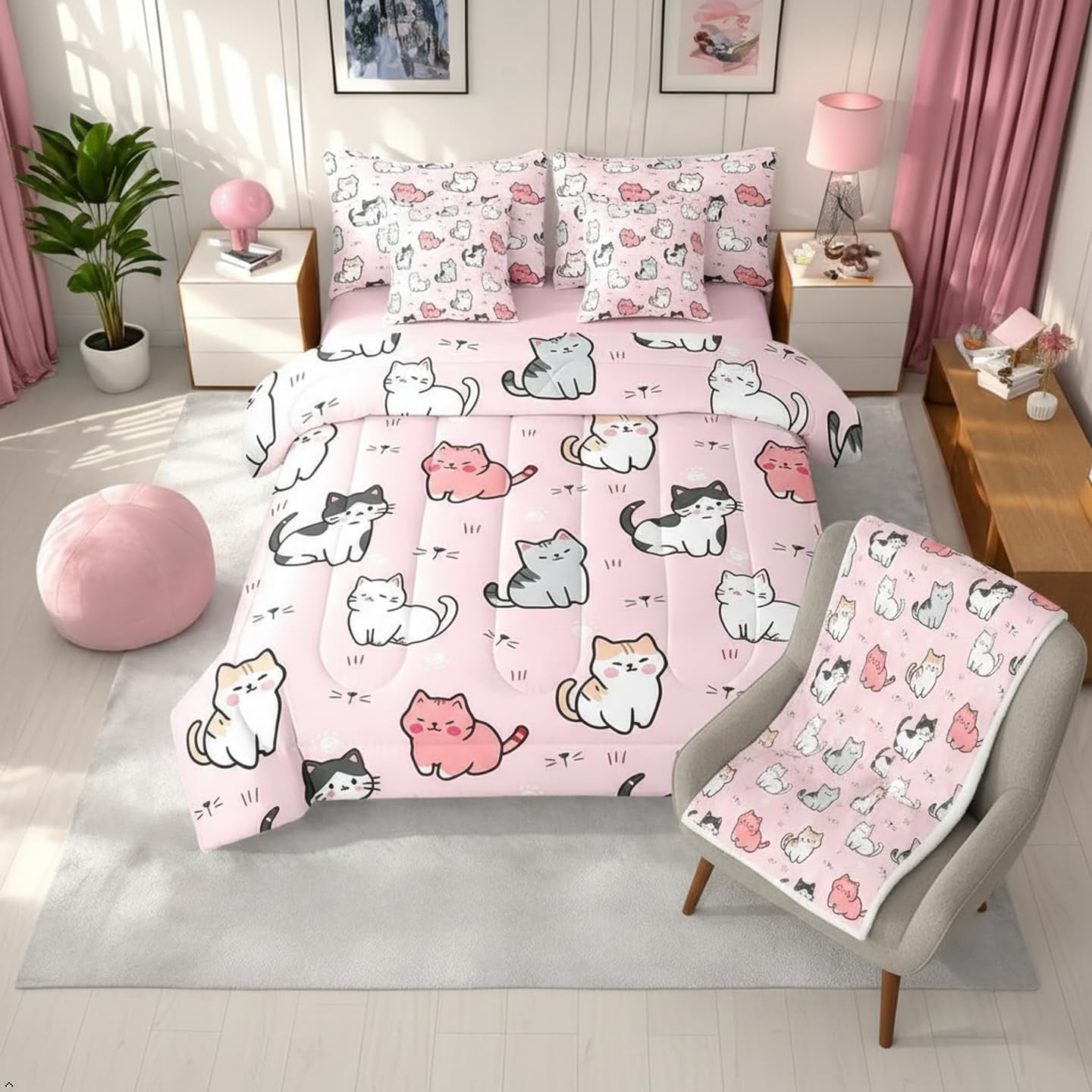 Erosebridal Cute Cartoon Cat Queen Size Blanket and 7 Pieces Comforter Sets with Sheets Full Size