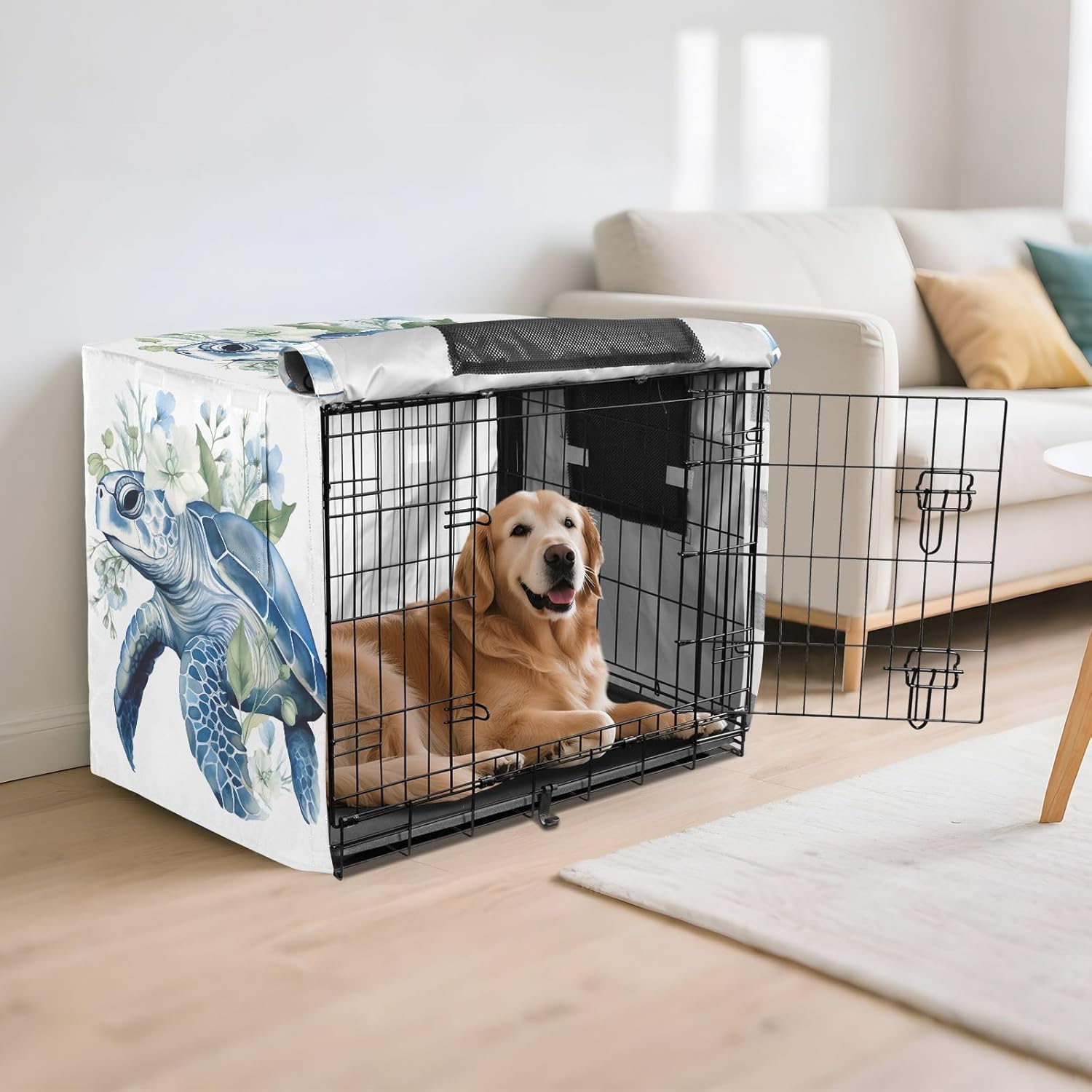 Green Turtle Holding Flowers Dog Crate Cover Roll-up Side Panels, Cage Cover for Puppies Training, X-Large