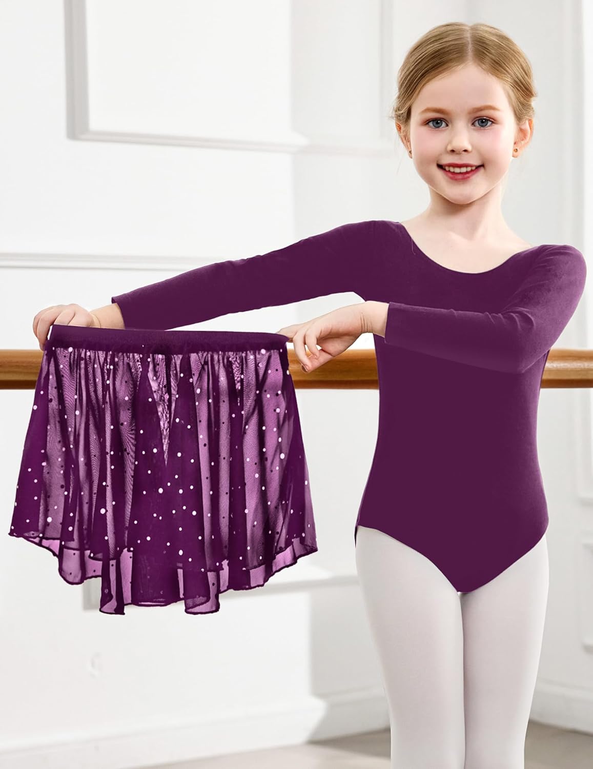Zaclotre Girls Ballet Leotards Toddler Long Sleeve Crisscross Back Dance Dress Outfit with Removable Shiny Skirt Combo - Image 4
