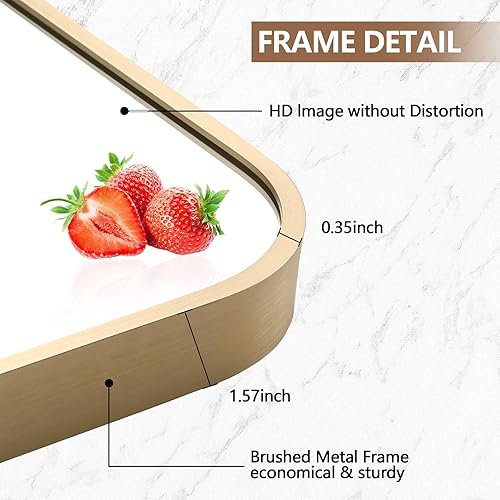 Miniatura 4 de JENBELY Espejo dorado de 26 x 38 pulgadas, espejo rectangular enmarcado con esquina redondeada, espejo de latón cepillado, espejo de baño dorado