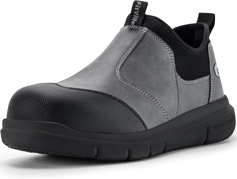 FitVille Wide Men's Slip on Steel Toe Shoes Composite Toe Shoes for Men Puncture Proof Safety Shoes Slip Resistant &amp; Water Resistant Work Shoes
