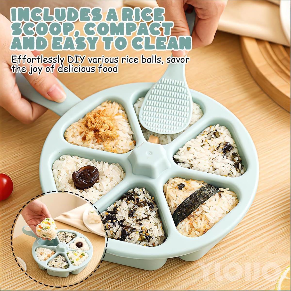 6 in 1 Onigiri Sushi Mold Set With a Handle Blue BPA free Food Grade Triangle Onigiri Make and Storing Mold Able to Make to 6 Triangular Sushi at The Same Time Quickly and Easily