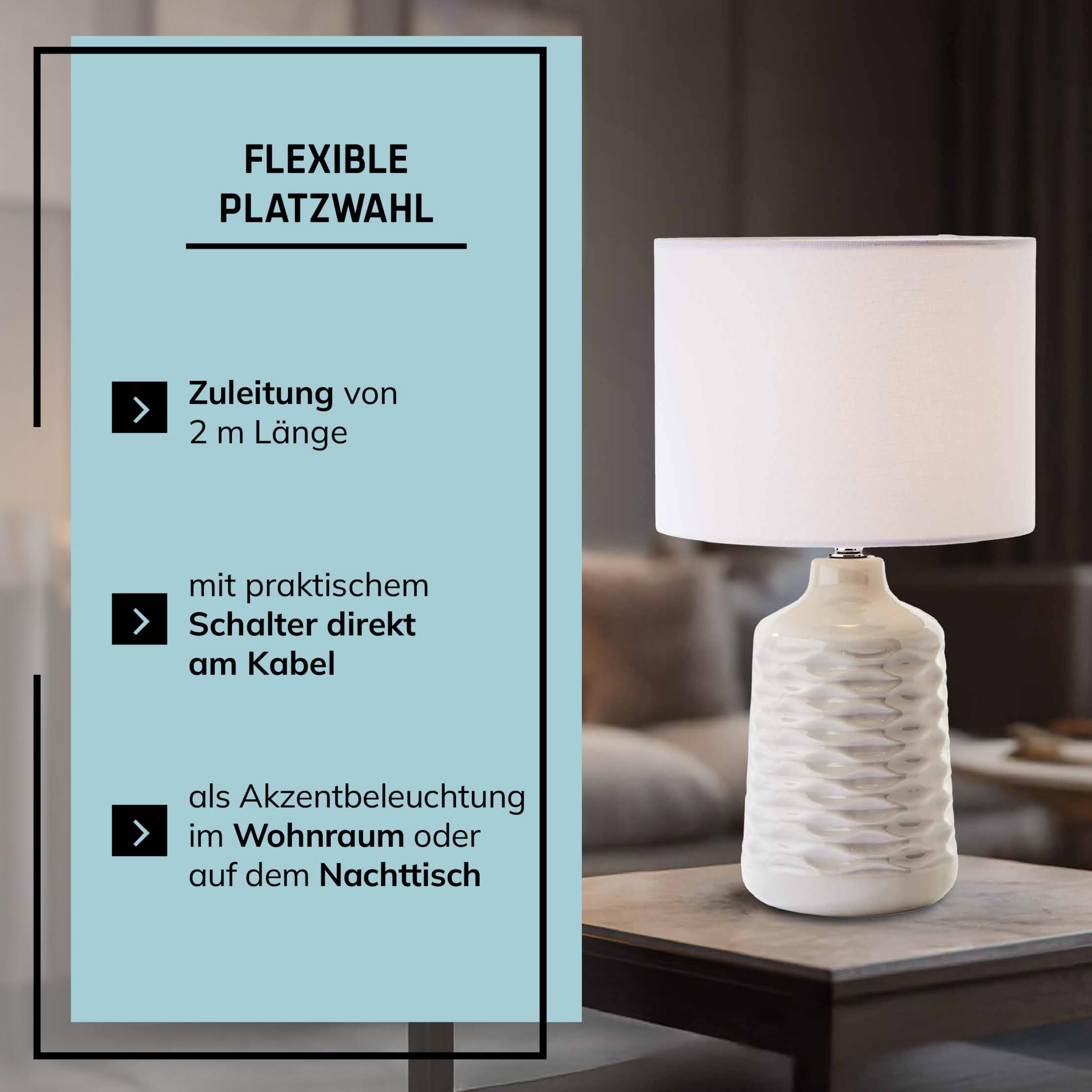 Lightbox Keramik Tischlampe - graue Tischleuchte mit weißem Stoffschirm - Lampe für Wohnzimmer & Schlafzimmer - exkl. E14 LED