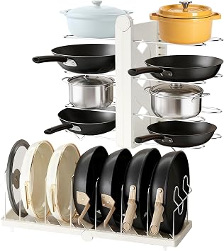 CEHNCEH Pots and Pans Organizer under Cabinet for Cabinet and Countertop Longest 28.5 in Foldable Adjustable 8-Tier Pan Organizer Rack Perfect to Store Pots, Kitchen Cabinet Organizer White