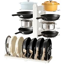 CEHNCEH Pots and Pans Organizer under Cabinet for Cabinet and Countertop Longest 28.5 in Foldable Adjustable 8-Tier Pan Organizer Rack Perfect to Store Pots, Kitchen Cabinet Organizer White
