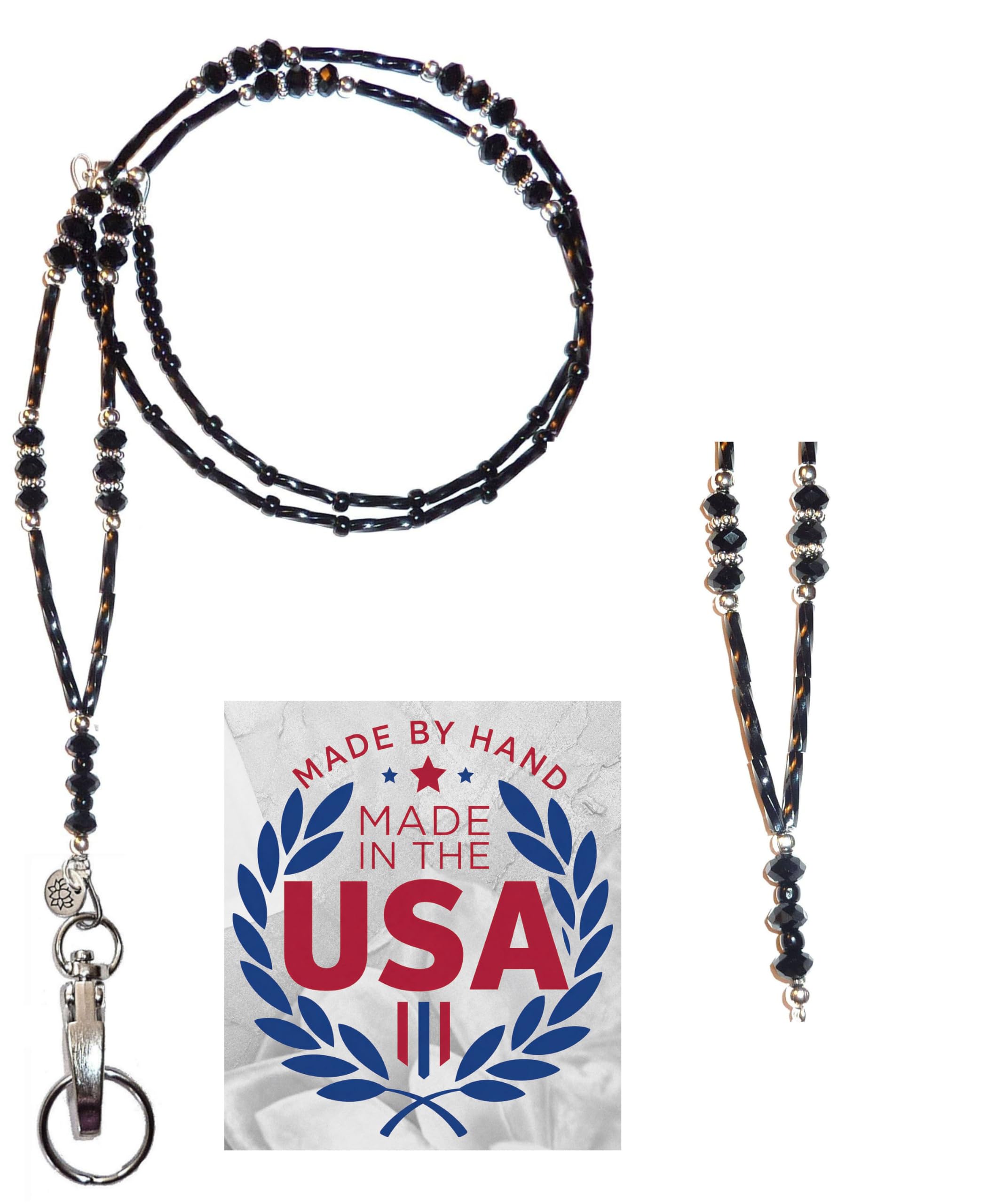 Crystal Black Fashion Women's Beaded Lanyard 34", Key and Badge Holder (Magnetic Breakaway Clasp)