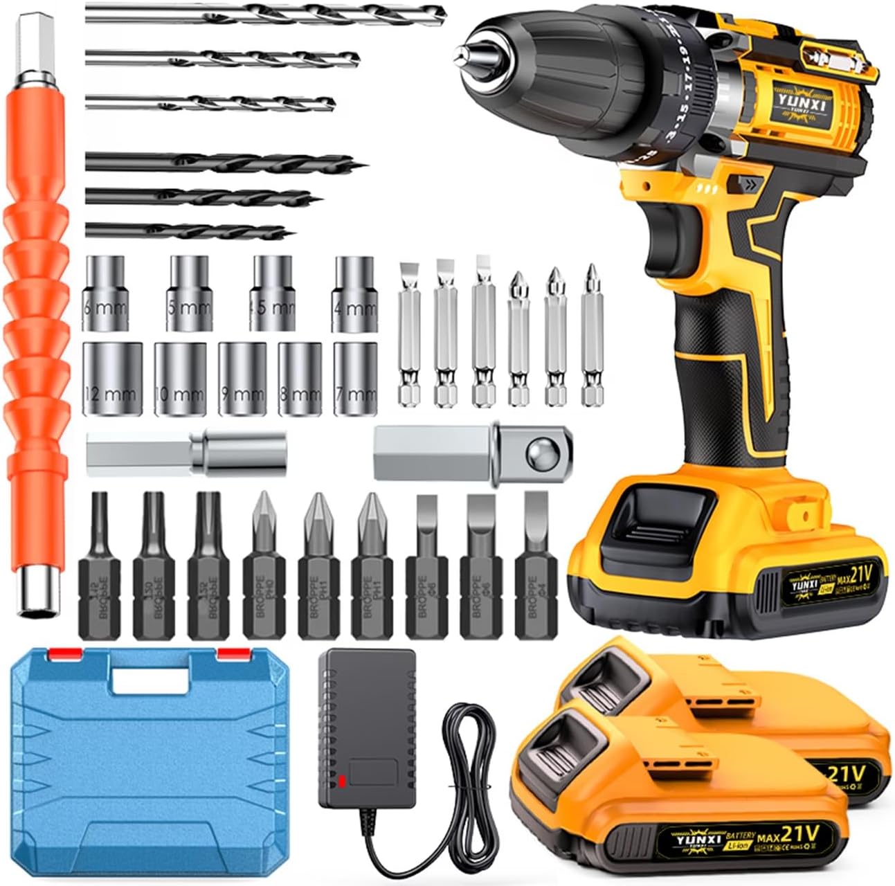 21V household multifunctional cordless drill tool set, with work light, screwdriver, tape measure, suitable for home (2 batteries+toolbox)
