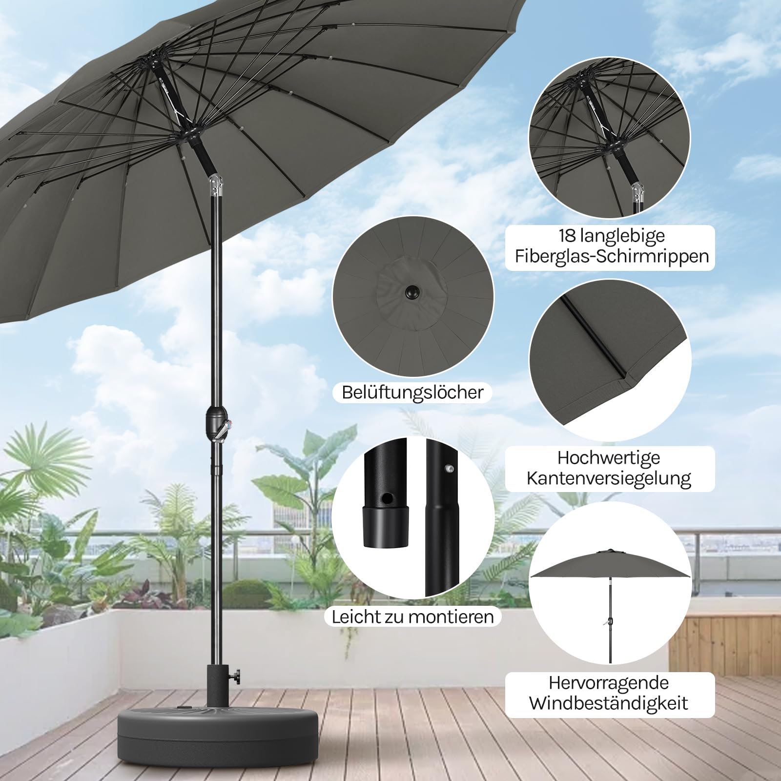 WOLTU Parasol przeciwsłoneczny Ø 257/273 cm, wychylany parasol ogrodowy z korbą, parasol balkonowy z 18 wspornikami z włókna szklanego, na taras, patio, basen, ciemnoszary
