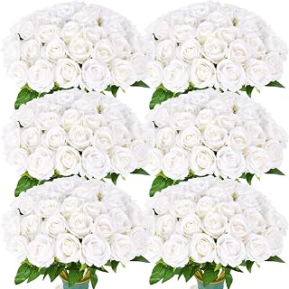 52 PCS White Artificial Roses Bulk, Fake Artificial Flowers Wedding Bouquet Silk Faux Rose with Stems for Wedding Flowers Decoration, Valentines Roses, Bridal Bouquet Roses, Wedding Decoration