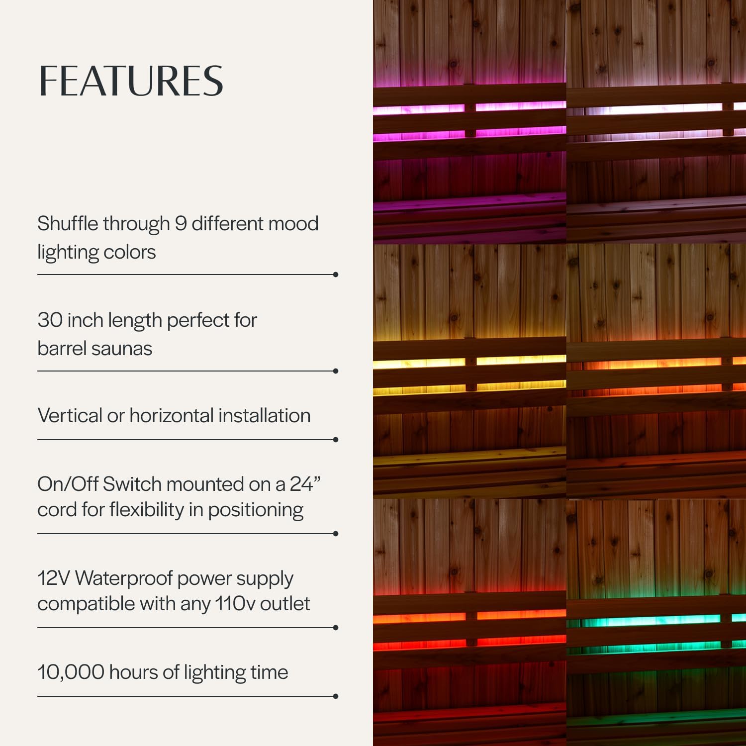 Almost Heaven Saunas Light Bar Set 30", Placed on Sauna Bench or Wall, Sauna Accessories for Traditional & Infrared Saunas, Waterproof Power Supply, 10,000 Hours of Lighting (30" - RGB Color Changing)