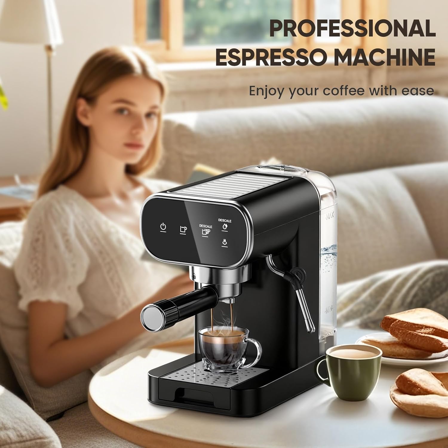 Home Espresso Machine 20 Bar with Touchscreen & Steam Milk Frother, Fast Heat-Up Espresso Coffee Maker with 48oz Removable Tank for Cappuccino, Latte, Americano, Black