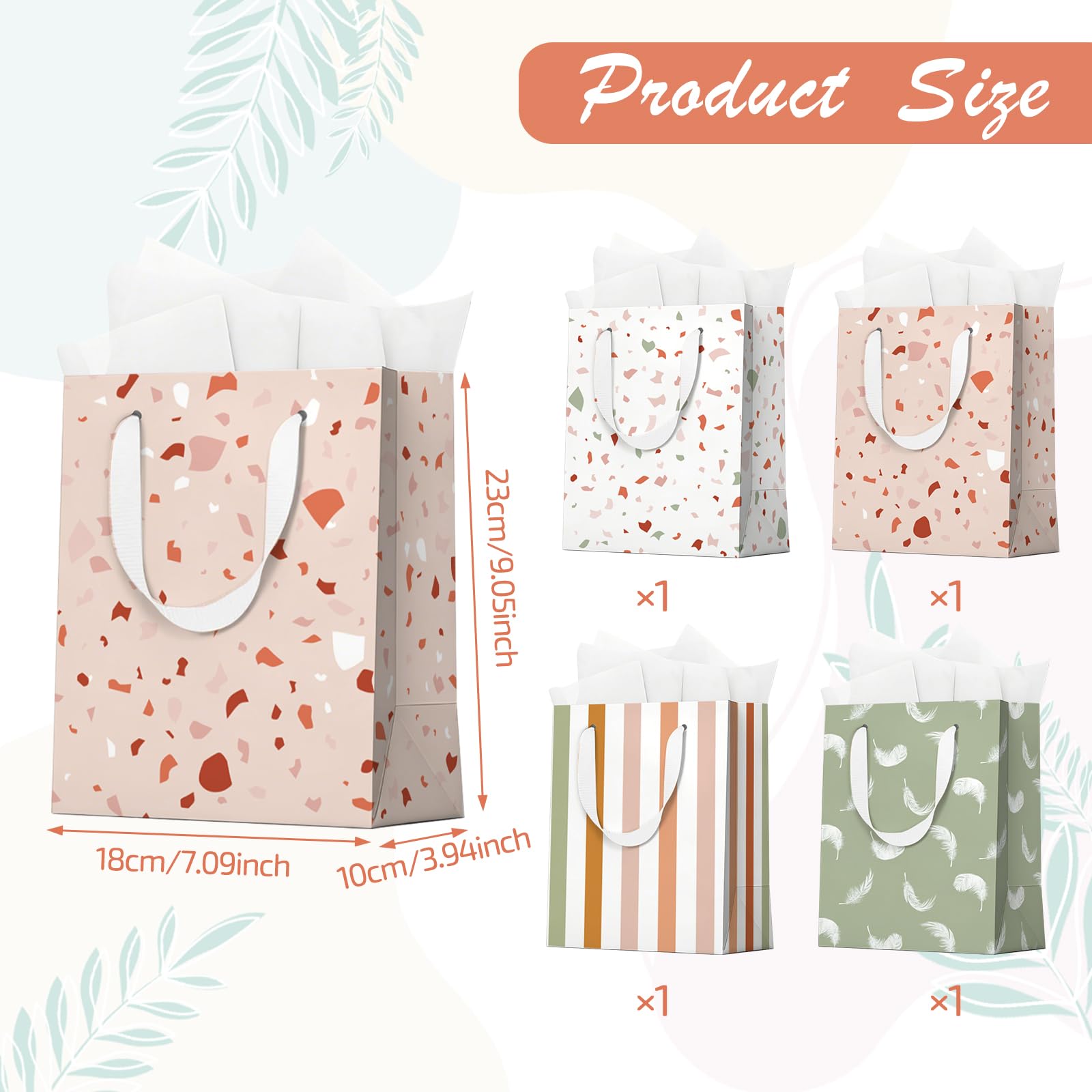 Beautiful Gift Bags Set of 4, Small Birthday Gift Bag with Ribbon Handle Matching Tissue Paper for Men Women Birthday Baby Shower Weddings Mothers Day Party Favor Holiday Presents-7" X 4" X 9"