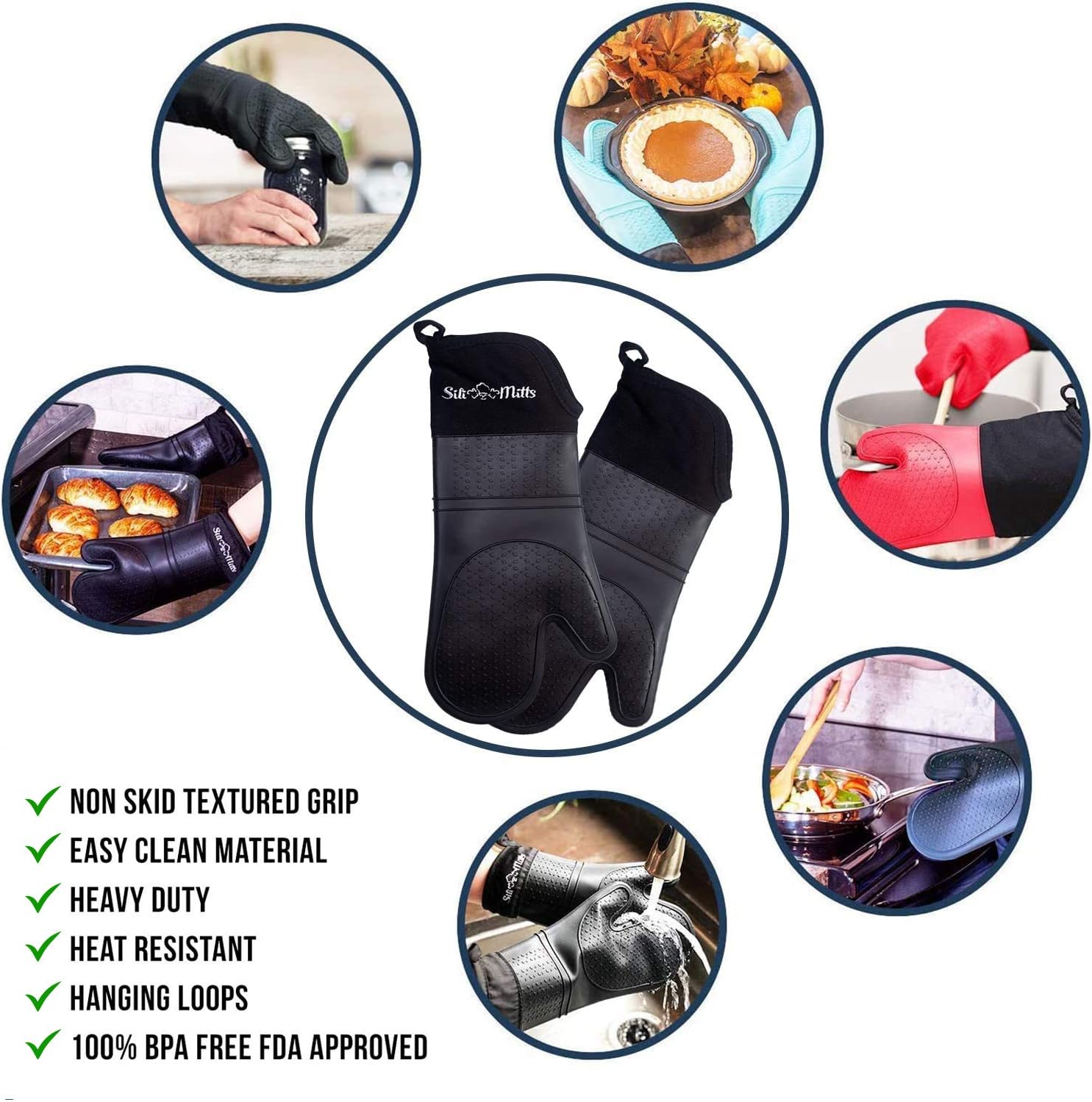 Silicone Oven Mitts Heat Resistant 500 Degrees - 2 Extra Long Silicone Oven Mitt Pot Holders - Food Safe Oven Gloves - BPA Free - Soft Inner Lining - (Black) - Frux Sili Mitts