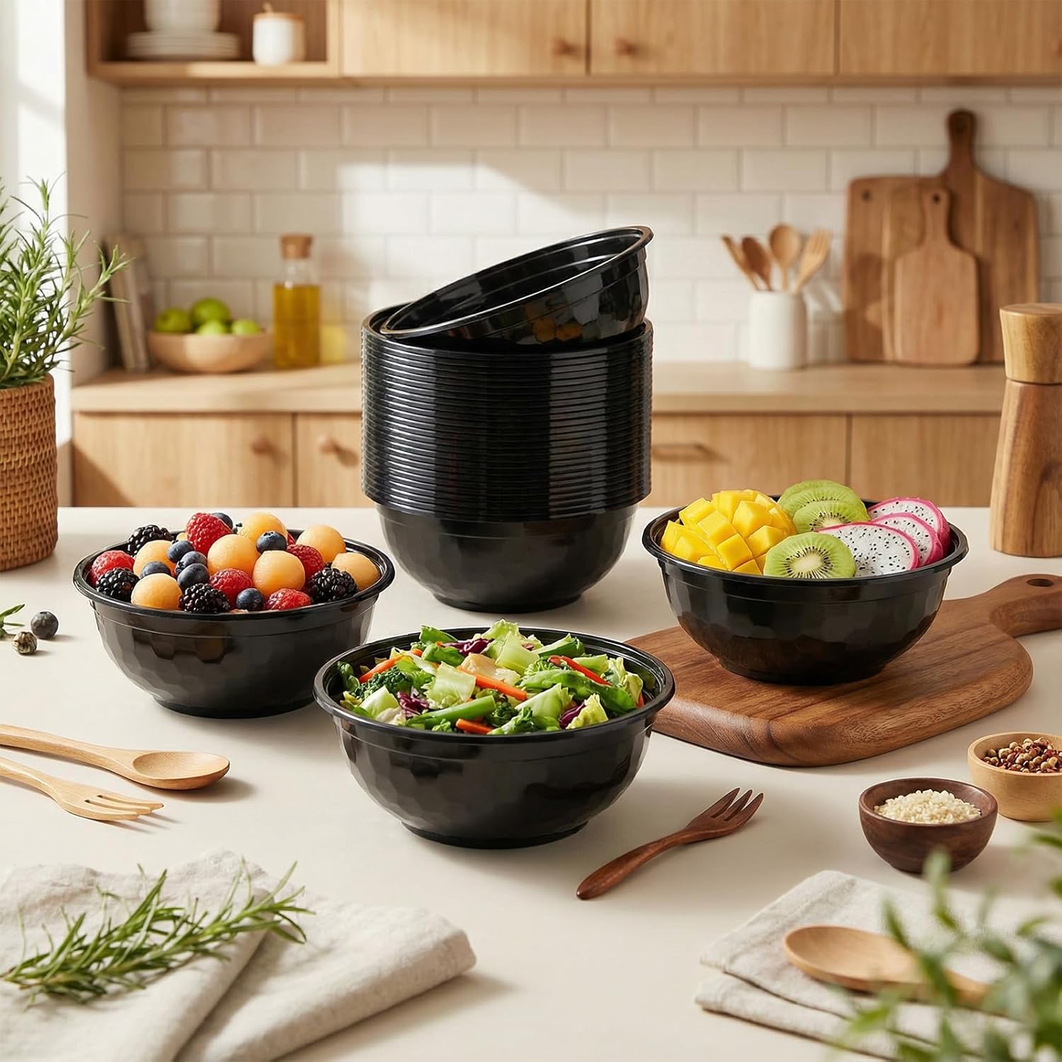 100 Pcs Black Disposable Plastic Bowls Soccer 36 oz Texture Plastic Salad Bowls Large Stackable Serving Soup Microwave Safe Dinnerware for Birthdays Weddings Festivals Party