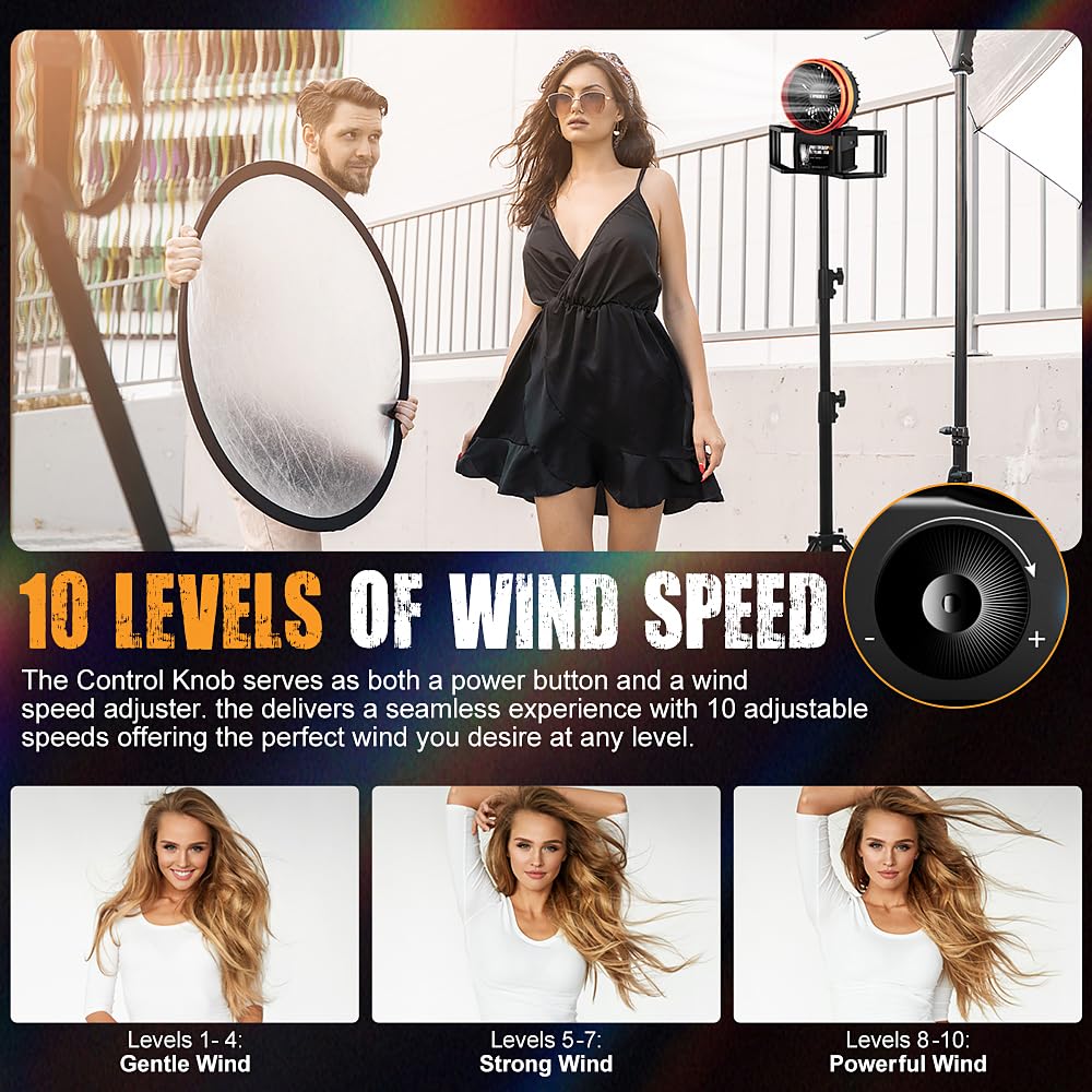 Ventilador portátil para fotografía, efecto de viento ajustable de 10 niveles para sesiones de retratos de moda, bodas y eventos al aire