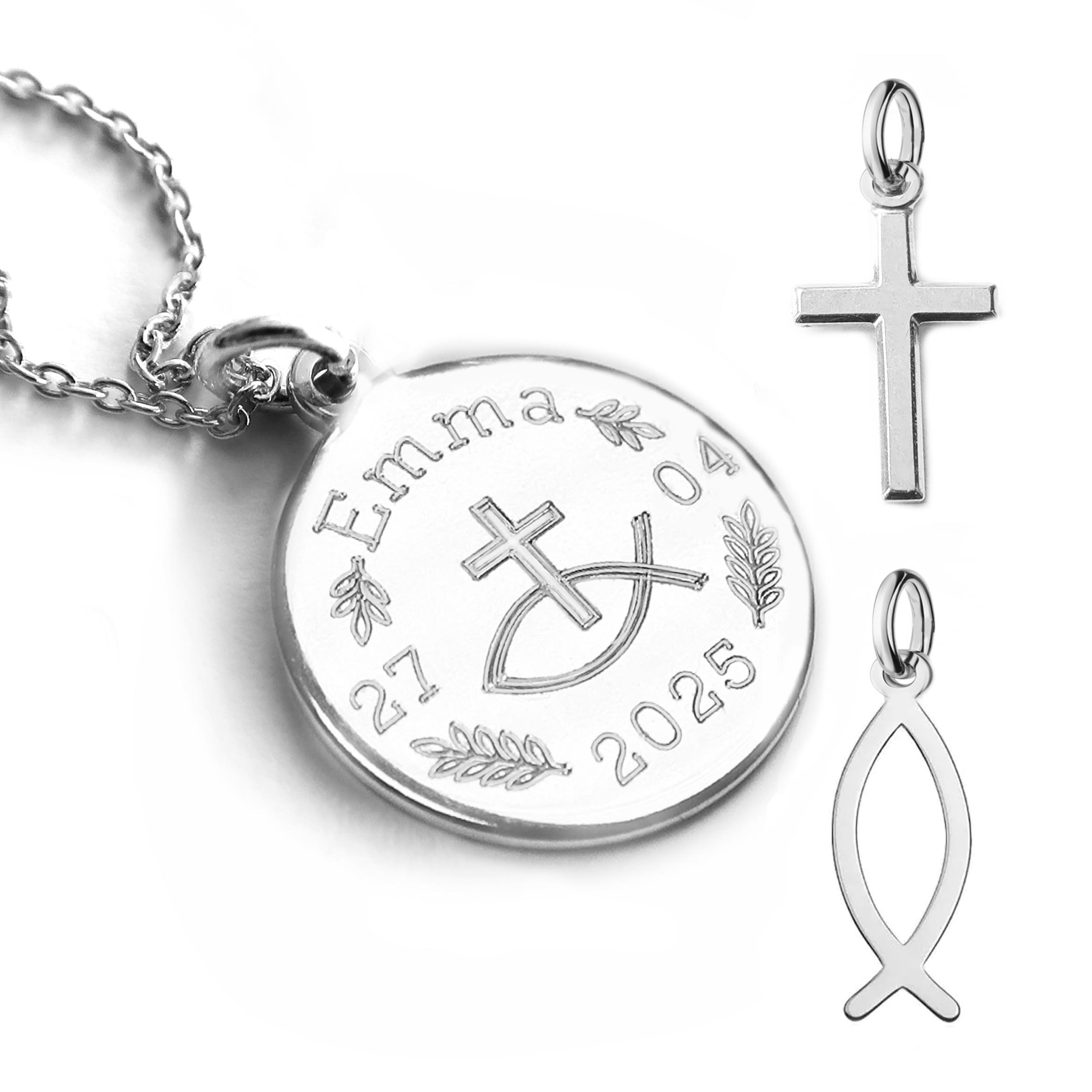 Christliche Kette mit Gravur, Kreuz oder Fisch Anhänger, Silber