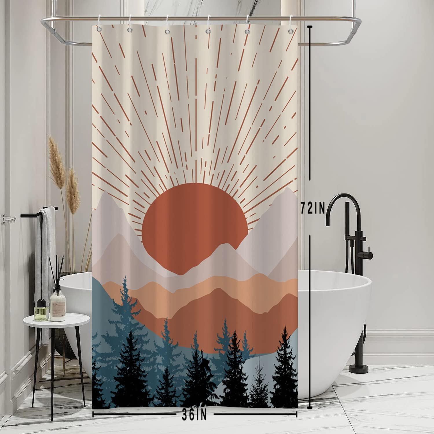 Mid Century Boho Shower Curtain for Bathroom Decor 55x72in-140x183cm Abstract Mountain Sun Waterproof Fabric Shower Curtain Set with Hooks for for Shower Stall Bathtubs Restroom