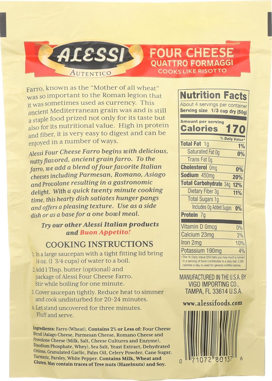 Alessi Autentico, Premium Seasoned Roman Grain Farro, Cooks Like Risotto, Heart Healthy, Easy to Prepare, 7oz (Four Cheese, Pack of 6)