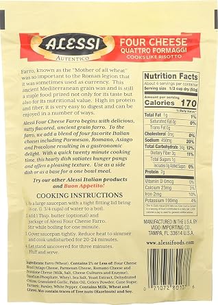 Alessi Autentico, Premium Seasoned Roman Grain Farro, Cooks Like Risotto, Heart Healthy, Easy to Prepare, 7oz (Four Cheese, Pack of 6)