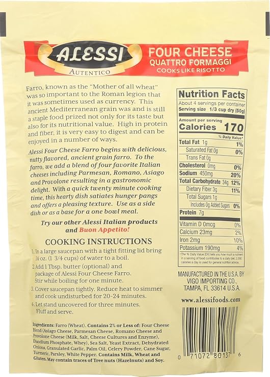 Alessi Autentico, Premium Seasoned Roman Grain Farro, Cooks Like Risotto, Heart Healthy, Easy to Prepare, 7oz (Four Cheese, Pack of 6)