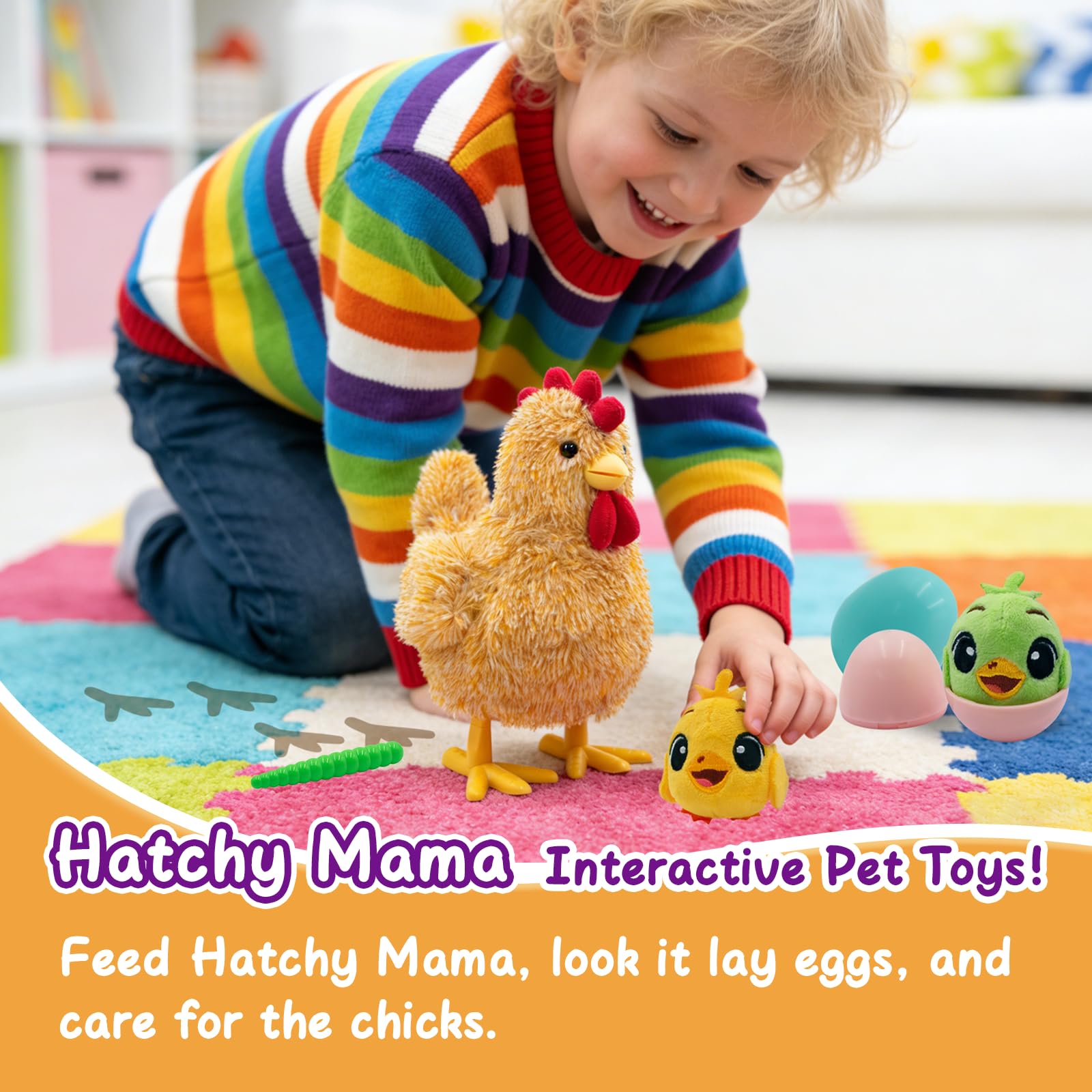 YH YUHUNG Interaktives Mama-Huhn Plüschspielzeug, Geht Singt und Legt Eier, Elektronisches Bauernhof-Tier für Kleinkinder ab 3 Jahren, mit Küken und Futterwurm (Gelb)