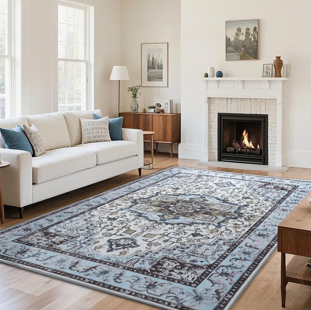 Washable Area Rugs3x5, Low Pile Super Soft Carpet, Vitnage Distressed Rug for Bedroom, Living Room, Dining Room, Non-Slip, Low Pile, Blue
