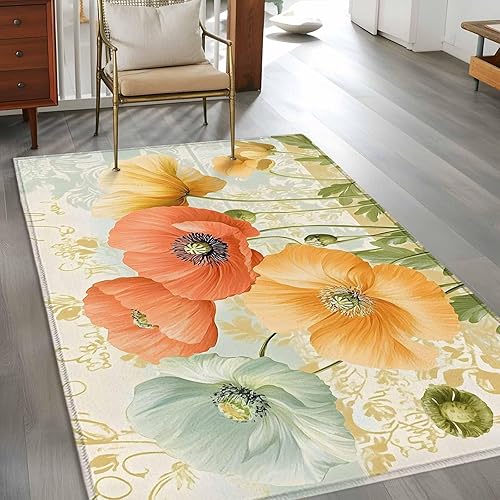 Miniatura 4 de 3x5 Area Rugs, Retro Spring Floral Non-Skid Rubber Backing Large Rectangle Rugs - Living Room Bedroom Home Office, Watercolor Farmhouse Summer