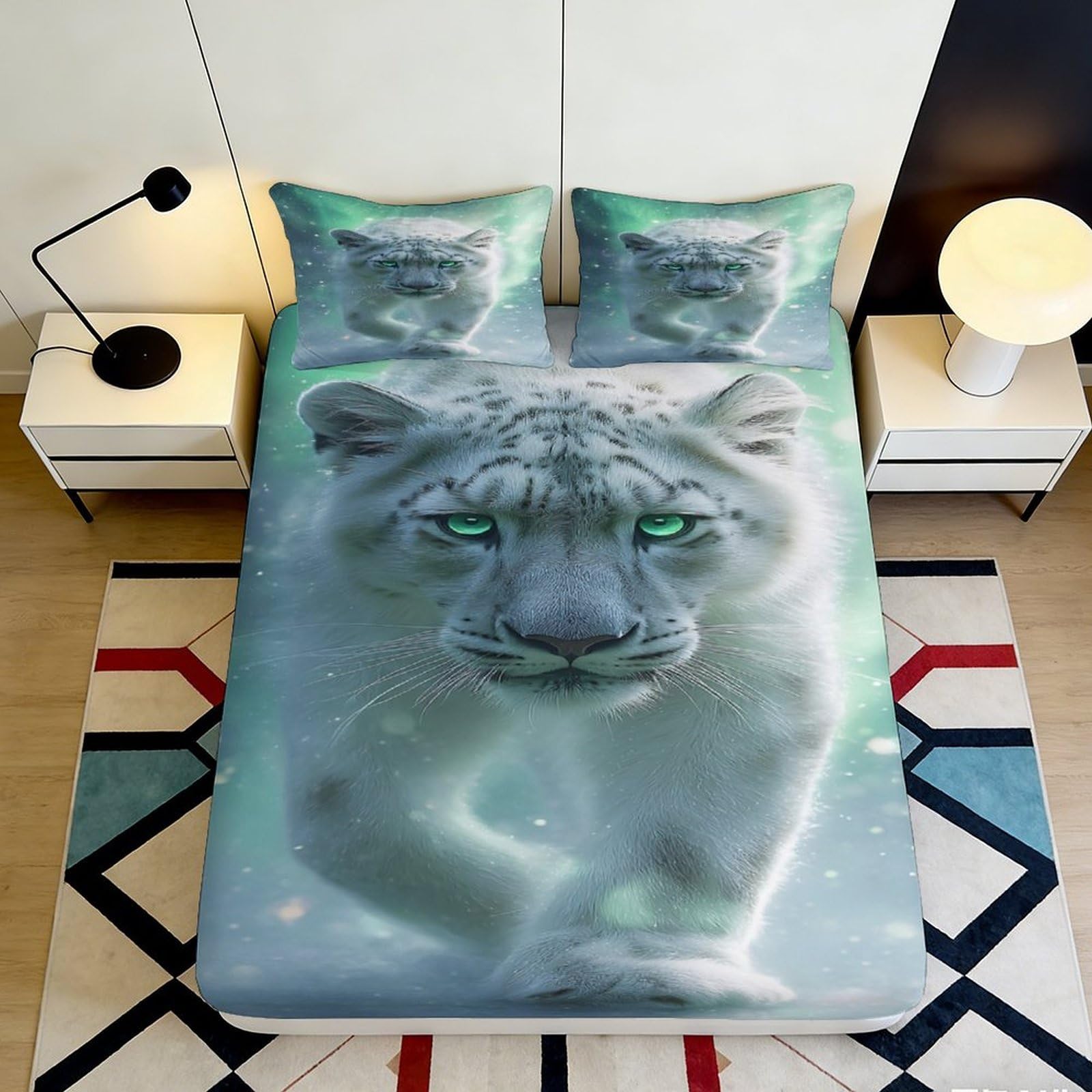 3D Printed Snow Leopard Fitted Sheet Microfiber Soft Breathable White Tiger Mattress Cover for Bedroom Dormitory Guest Room Protection Decor 140x200x25cm