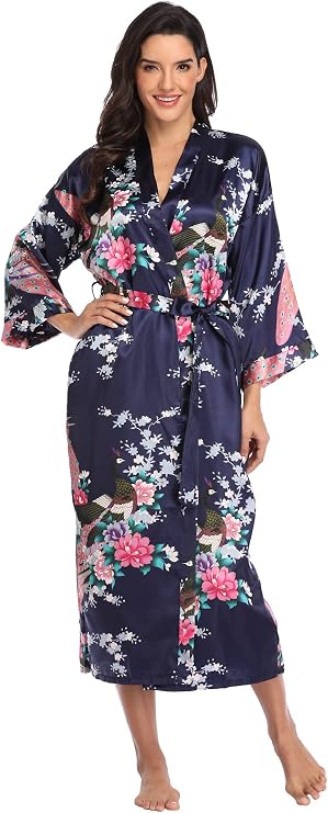 Super Shopping-zone Women's Floral Long Silk Kimono Robes Satin Dressing Gown Peacock Blossoms
