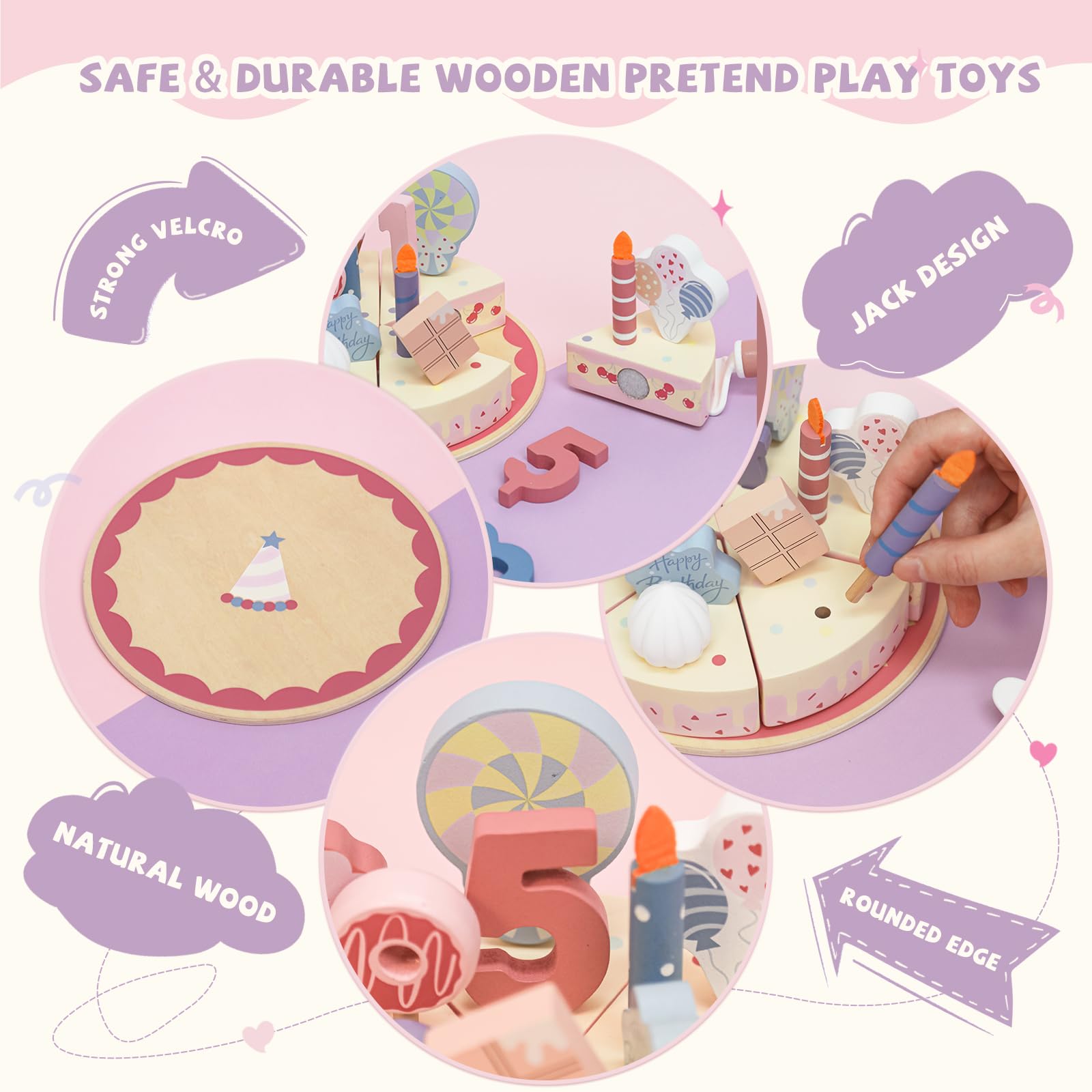 Torta finta di compleanno in legno con candele e numeri, set di torte giocattolo per bambini, torta di compleanno per giochi di finta, giocattoli regalo di compleanno per ragazzi e ragazze