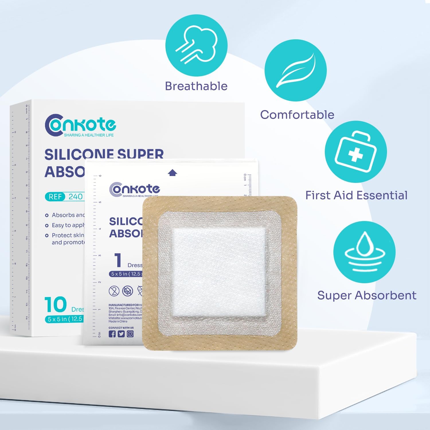 Conkote 5" X 5" Silicone Super Absorbent Wound Dressing, FSA or HSA Gentle Adhesive Bandages Large High Absorbency Waterproof Bandages, 10 Pack