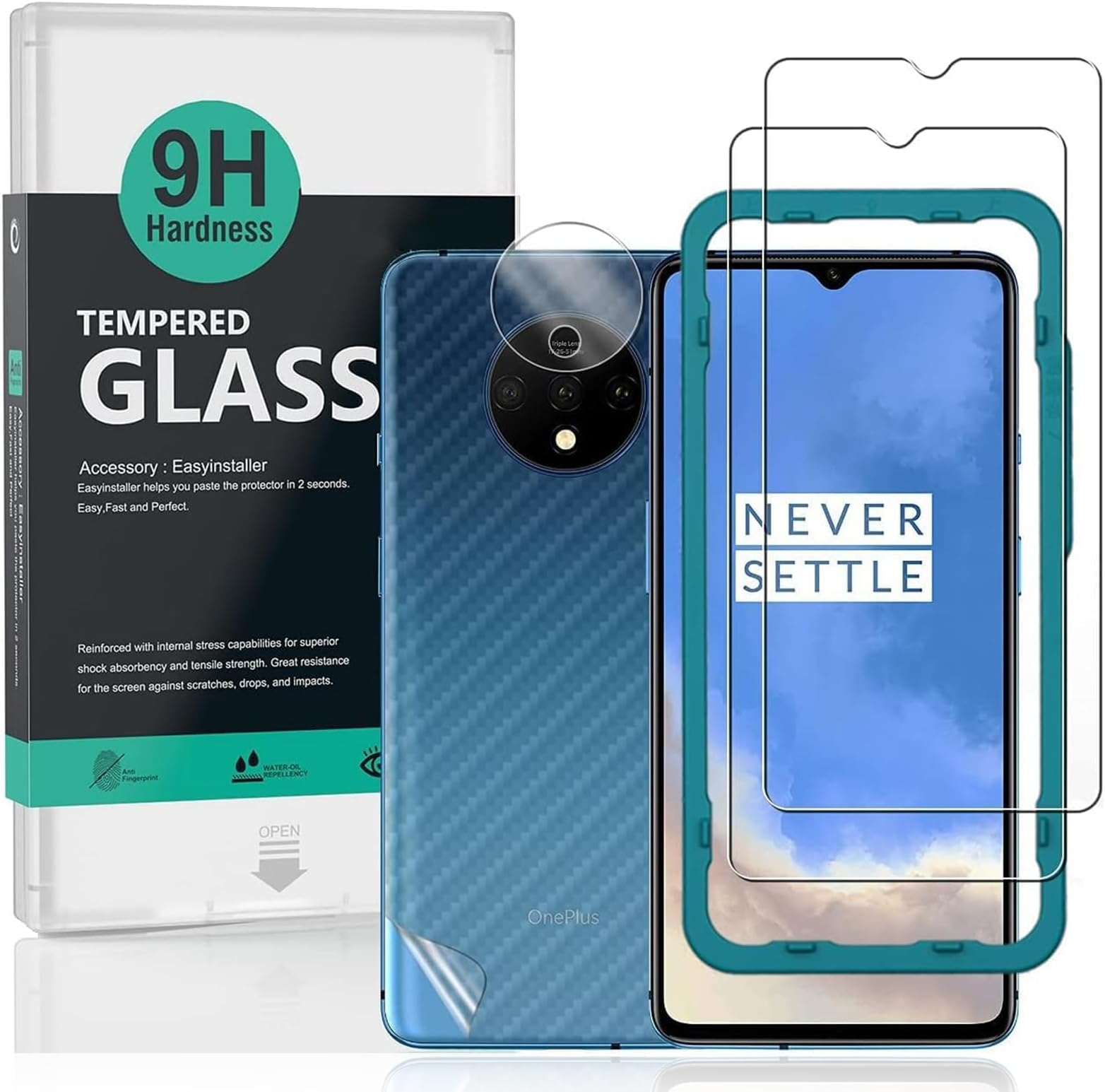 Ibywind Screen Protector For OnePlus 7T,with 2Pcs Tempered Glass,1Pc Camera Lens Protector,1Pc Backing Carbon Fiber Film [Fingerprint Reader,Easy to install]