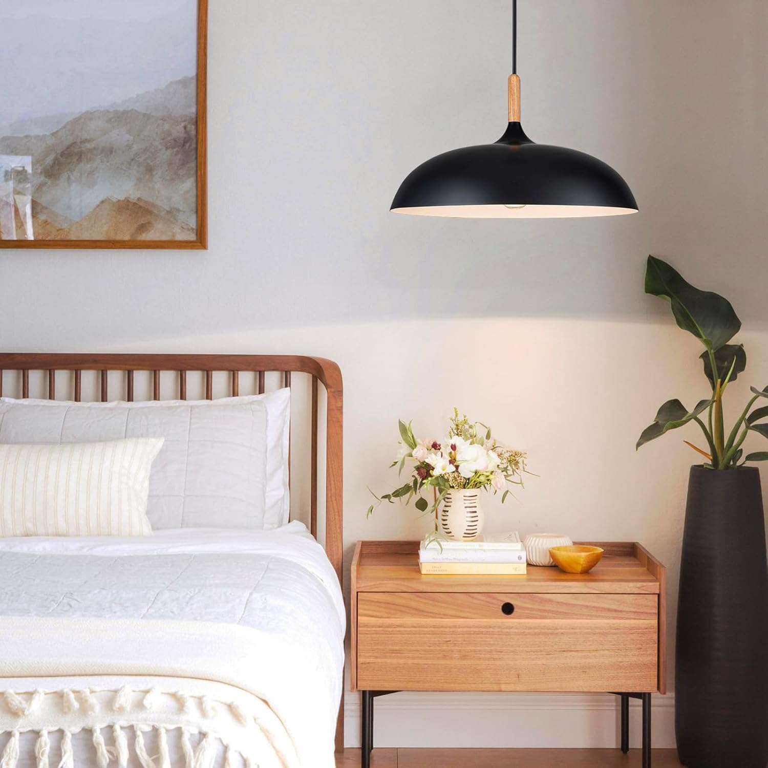 Lingkai Black Pendant Lights Kitchen Island,17.7" Farmhouse Large Pendant Light Fixtures Dimmable Hanging Ceiling Light Fixture for Dining Room Bedroom Foyer Entryway (Wooden)