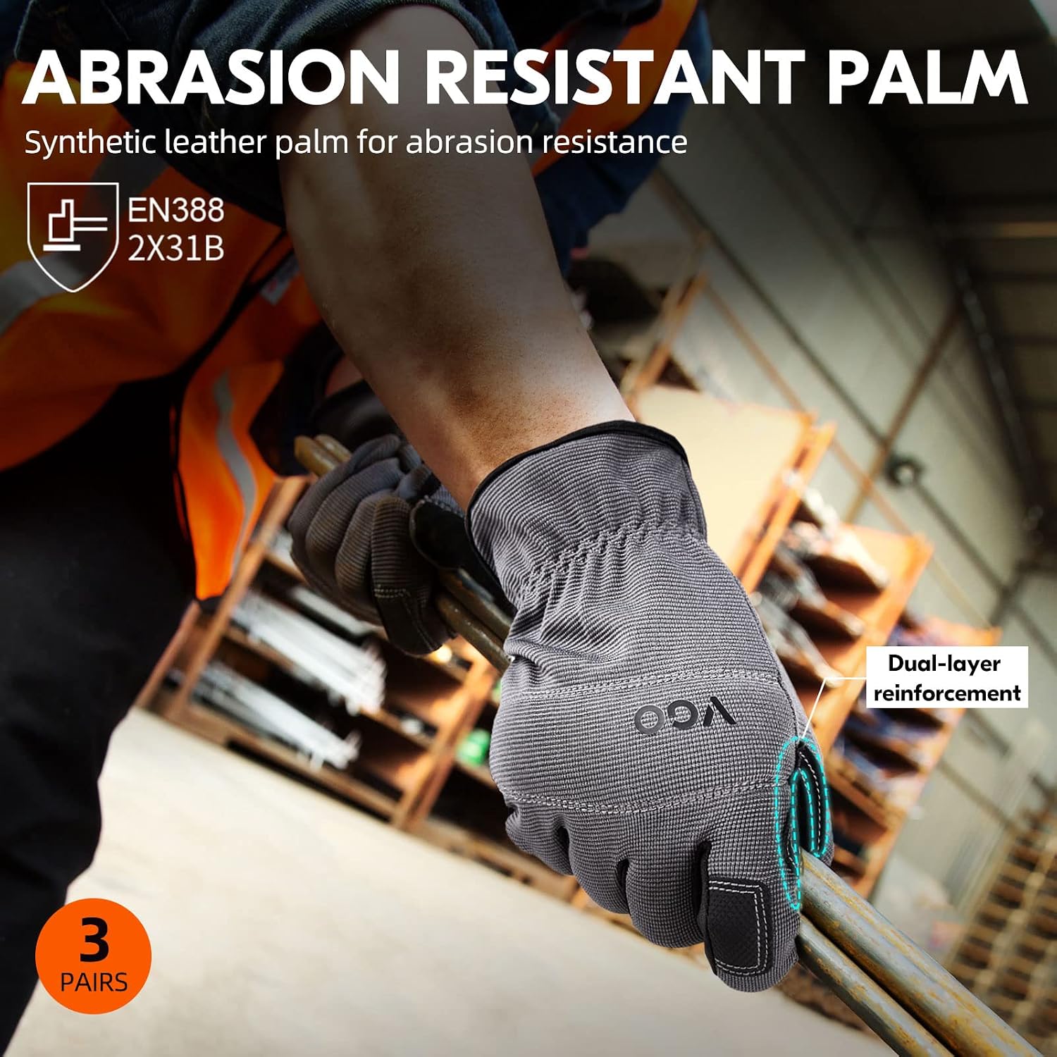 Vgo 3Pairs Safety Work Gloves - Touchscreen, Builder, Gardening & Mechanic Gloves (Size XL, 3 Colours, NB7581) - Image 3