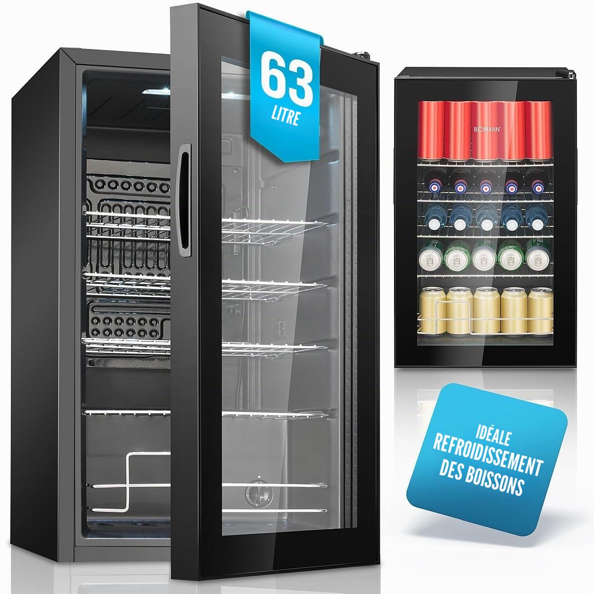 Bomann Réfrigérateur à Boissons 63 L KSG 7287, Éclairage LED, Noir | éclairage LED, contrôle température +3 à +10 °C, 4 étagères chromées, porte double vitrage, pieds réglables