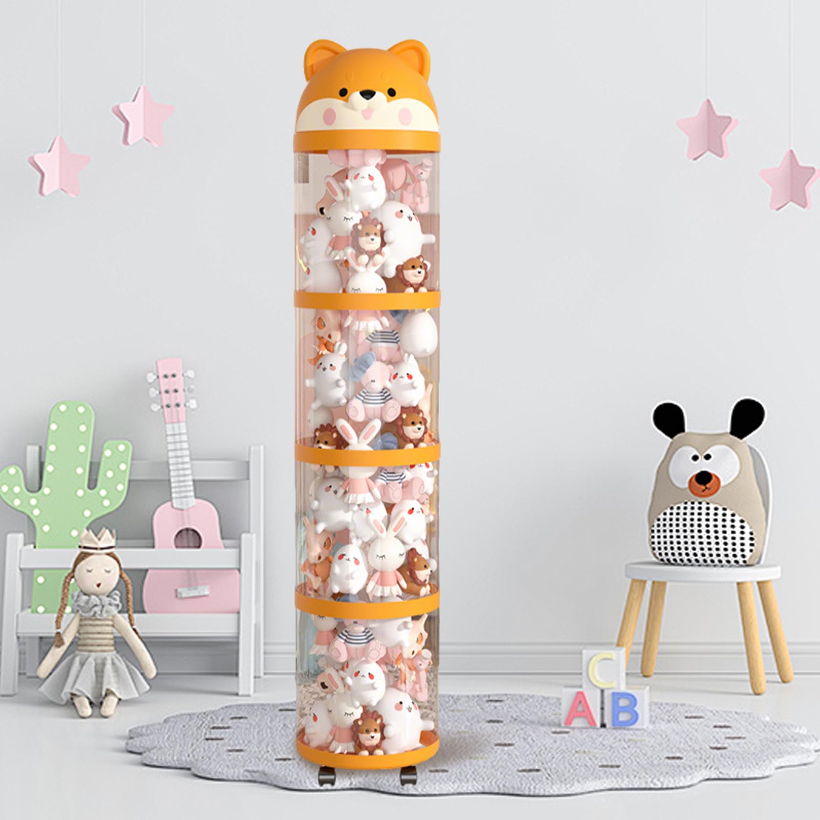 Porta Giocattoli di Peluche - Organizzatore Ad Albero Per Lo Stoccaggio Dei Peluche | Torre Grande Trasparente 65x65x110 Cm con Ruote Porta Pupazzi Decorativo per Cameretta Camera da Letto
