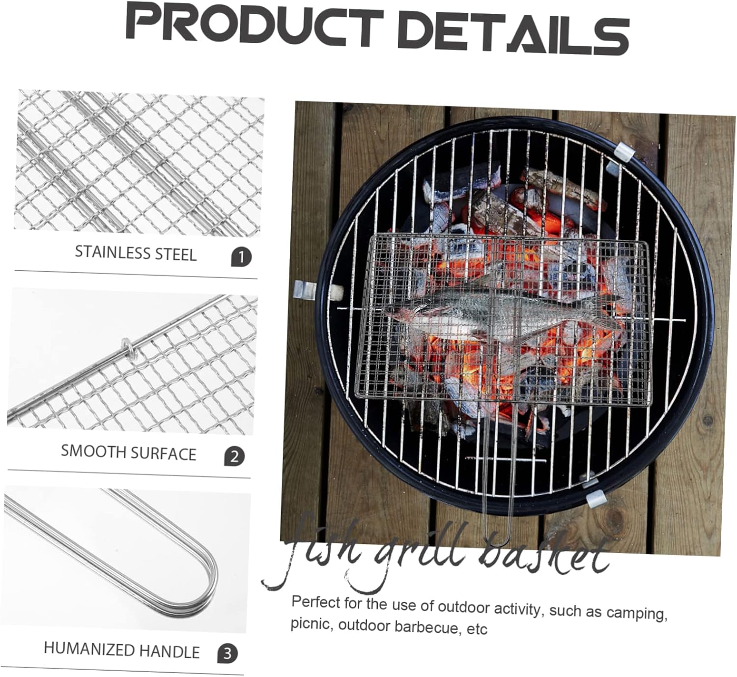 YARNOW Stainless Steel Fish Grill Basket with Handle for Outdoor BBQ Portable Rack for Grilling Meat Vegetables and Fish Camping and Picnics