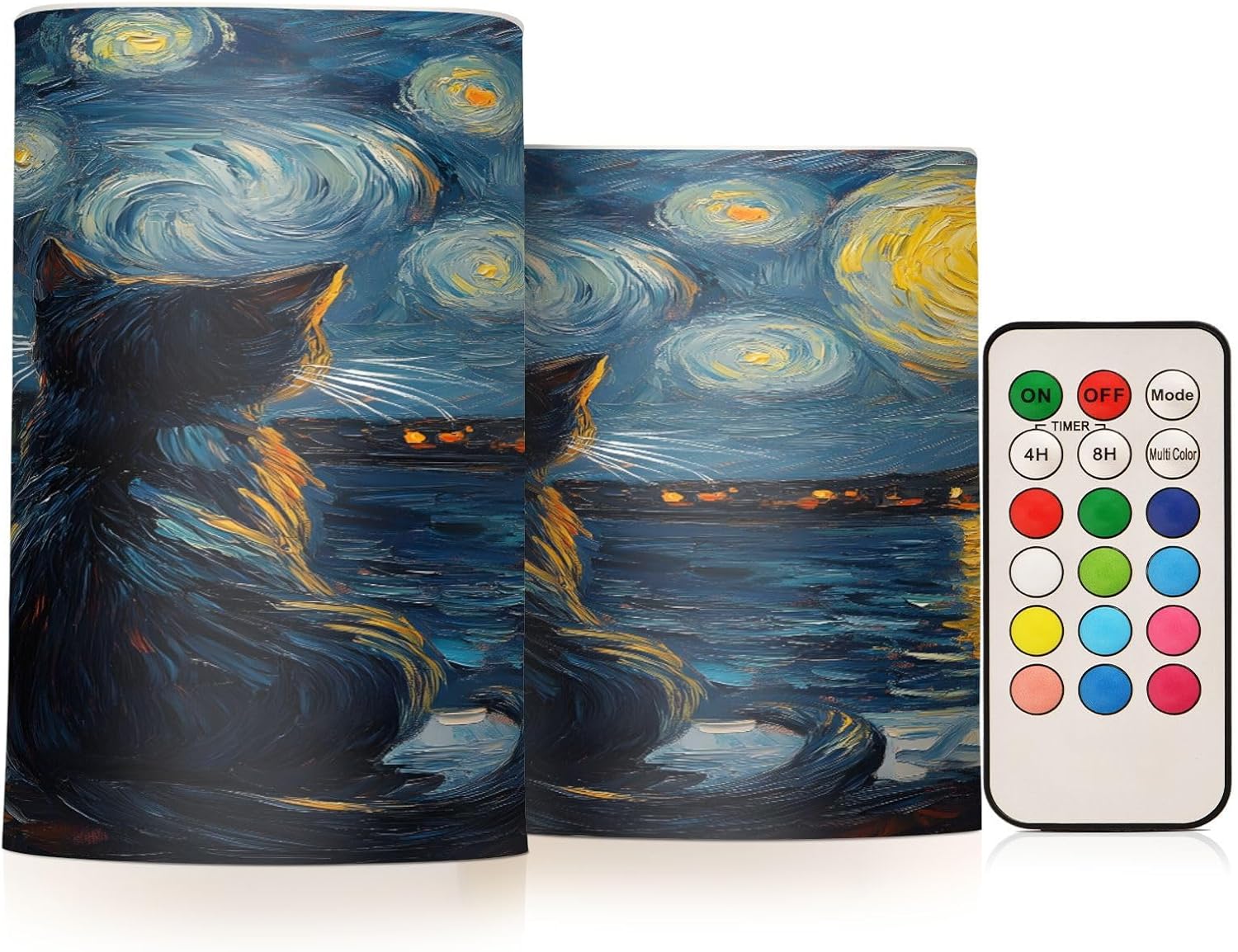 ALAZA Starry Night Cat Kitten Flickering Flameless Candles Pillar Led Candles Battery Operated Candles with Remote and Timers Set of 2