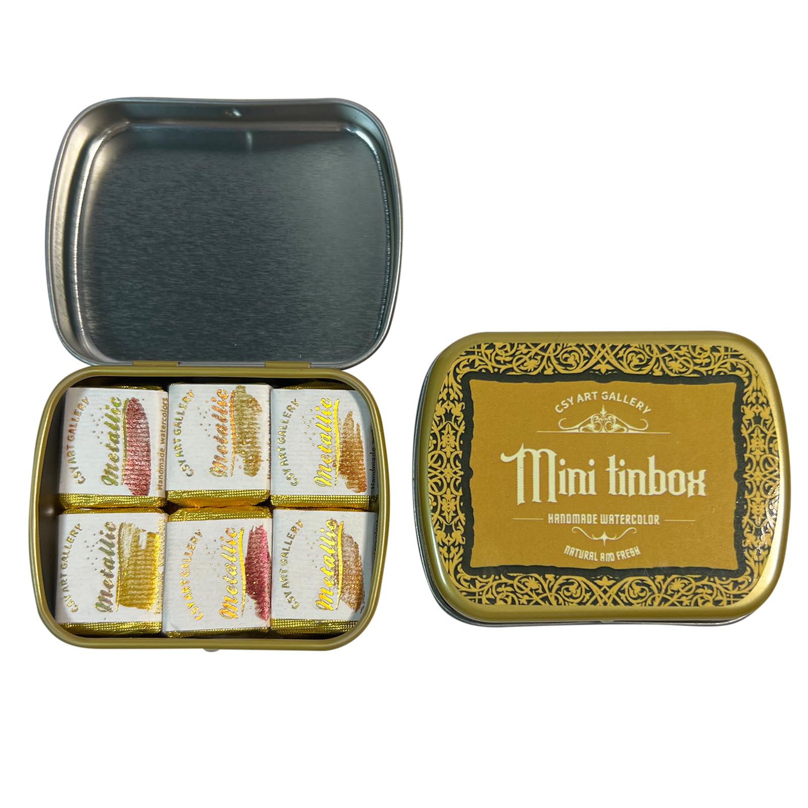 CSY art gallery Handmade Highlight Golden Metallic Watercolor Paint Palette Mica 6 Colors-Extra Fine Brass Gold Super Bright Watercolour-Pearlescent