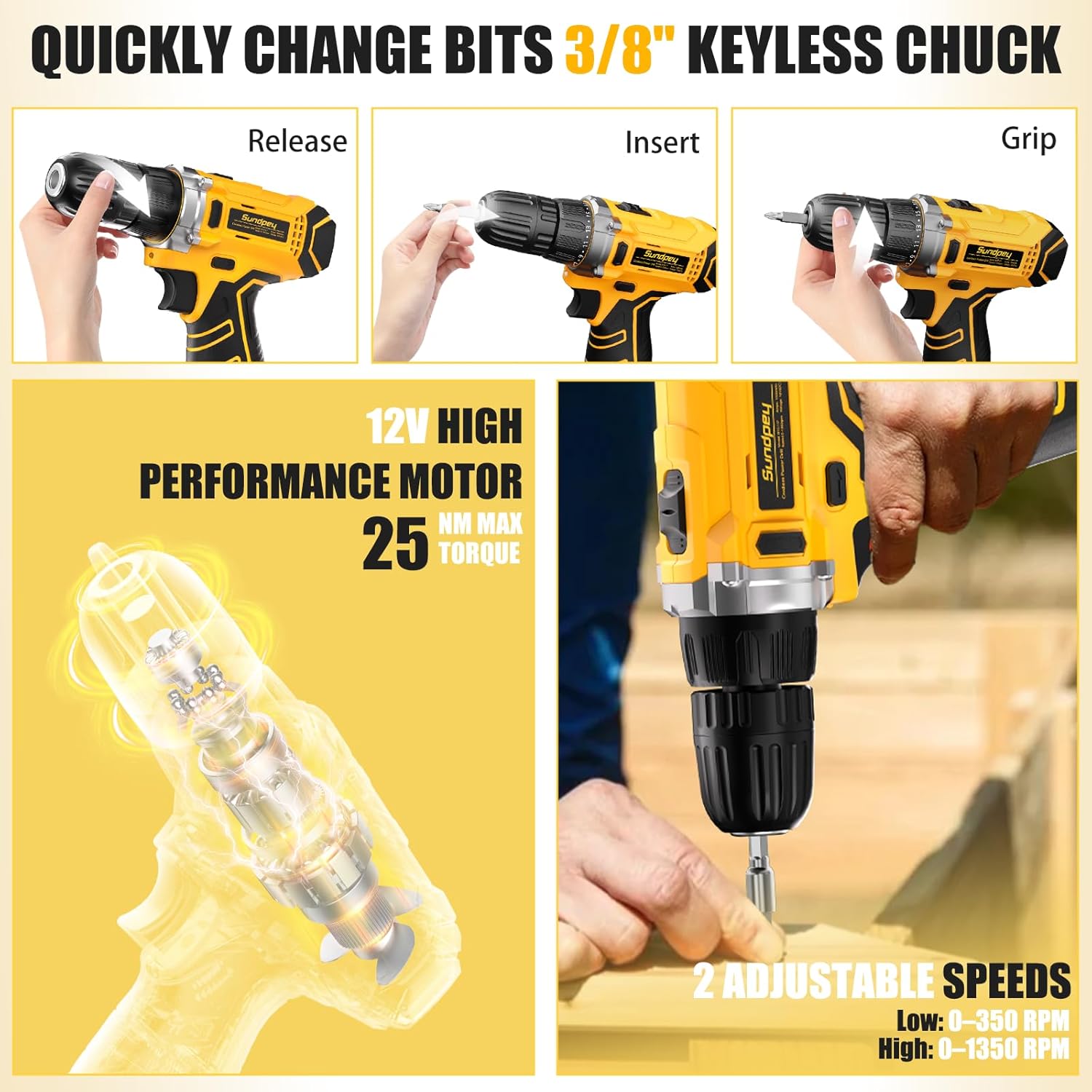 Sundpey Home Tool Kit with Drill - 166-Piece General Basic Home Repair Tool Set with 12V Cordless Power Drill & Battery & Charger & Portable Tool Box for Garden Office House Apartment Repair Men Women