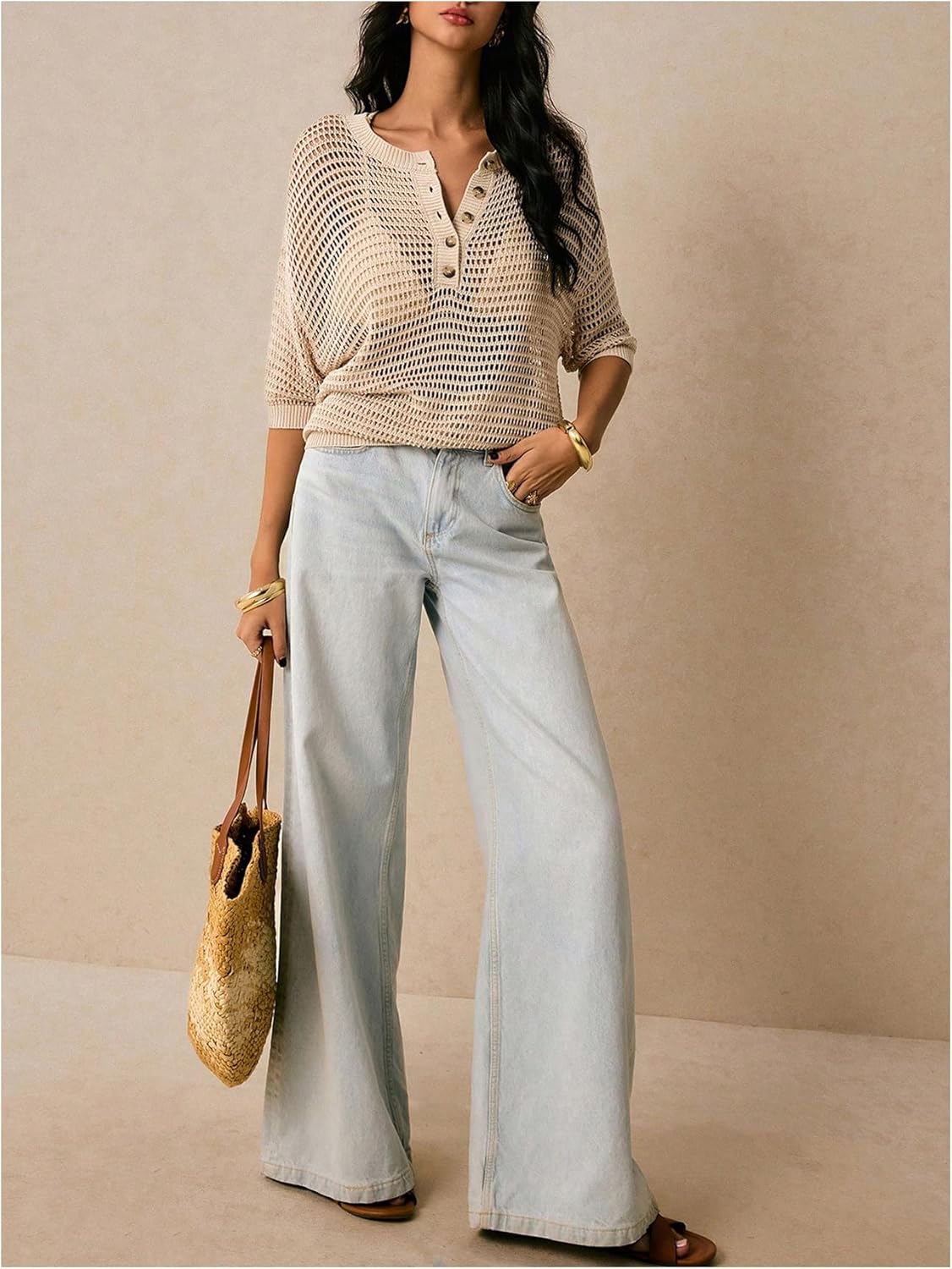 Women's Dolman Sleeve Crochet Sweater Hollow Out Half Button Sheer Knit Tops Beach Cover Ups - Image 5