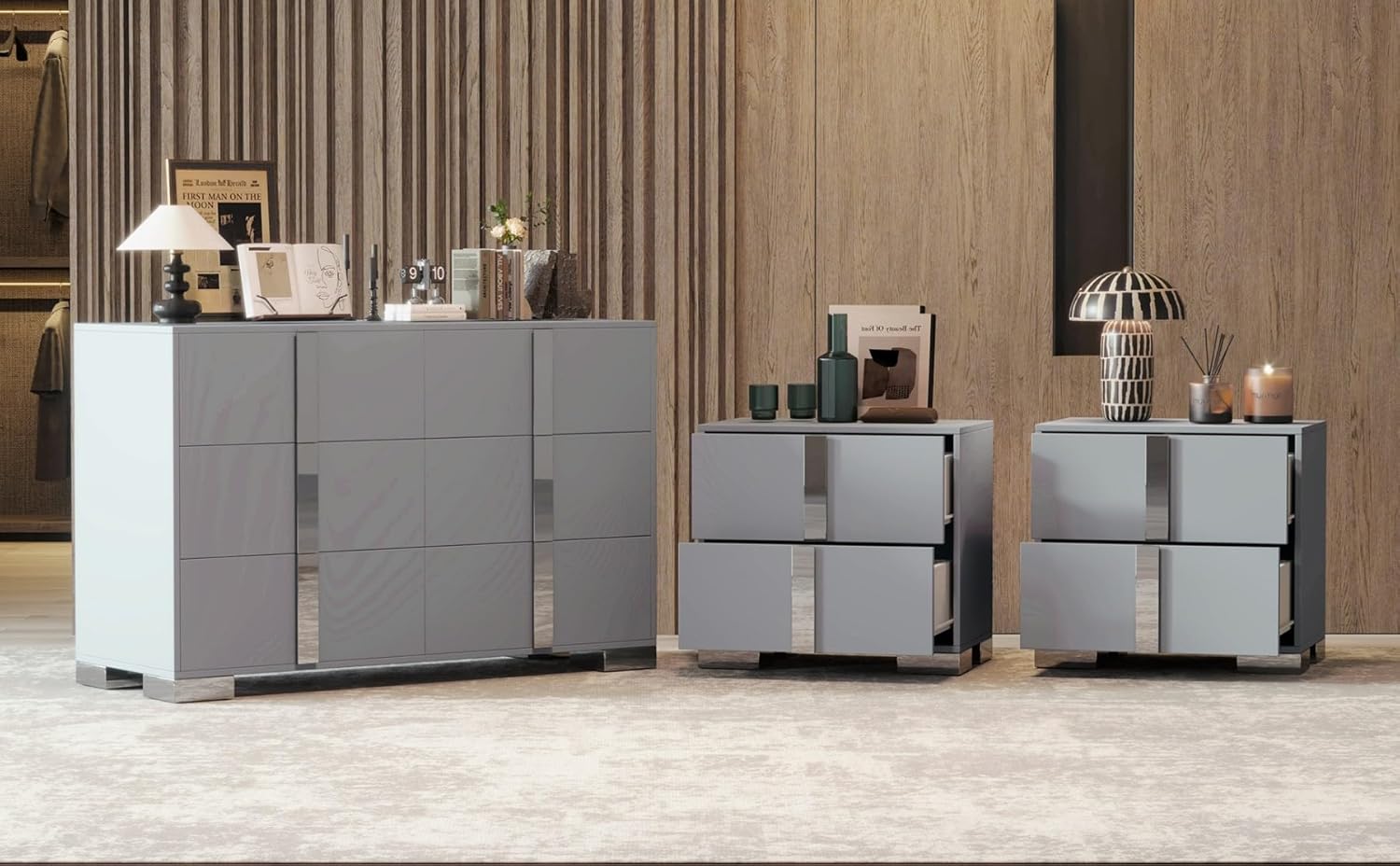 Merax 3-Pieces Bedroom Dresser Night Stand Set, A 6-Drawer Cabinet & 2 Nightstand, Elegant Mirrored Metal Legs Wood Storage Chest and Bedside End Bedside Table, Grey