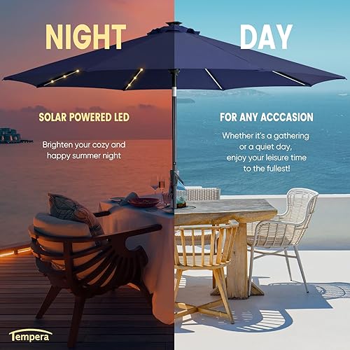 Miniatura 4 de Tempera Sombrilla de mesa para patio de 10 pies con luz LED solar con botón de inclinación y manivela, con poste resistente y toldo resistente a la